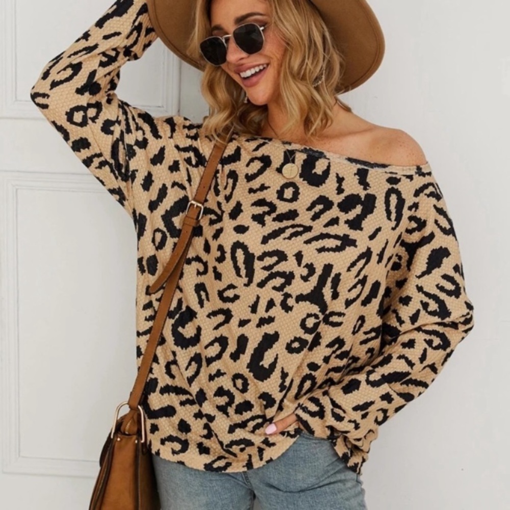 SOLD OUT CLEARANCE Beige Leopard Waffle Off Shoulder Long Sleeve Top - Picture 1 of 5